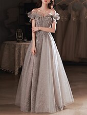 cheap Prom Dresses-A-Line Prom Dresses Sparkle &amp; Shine Dress Wedding Guest Prom Floor Length Short Sleeve Off Shoulder  with Sequin Ruffles  dress to impress 2025