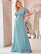 economico Abiti da sposa-Abito da sera A-Line Abito Impero Ospite di nozze Formale Serale Lunghezza sul pavimento Maniche corte Collo a V Abito da damigella Chiffon V retro con rouches a tinta unita 2025