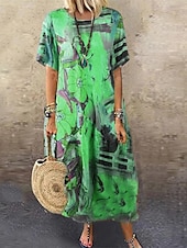 abordables Robes Floraux Imprimés-robe longue Femme Robe t-shirt Manche Courte Printemps Eté - Rétro Vintage Casual Imprimer Imprime Abstrait A Ombre Col Ras du Cou du quotidien Vacances 2023 Orange Vert M L XL 2XL 3XL 4XL