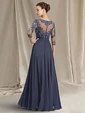 economico Lunghezza del pavimento-Linea ad A Lunghezza al pavimento Abito da invitata a nozze Abito Formale Abito da sera Abito da cerimonia per signora Manica 3/4 Collo gioiello Elegante Ricevimento di matrimonio Chiffon Pizzo con