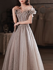 cheap Prom Dresses-A-Line Prom Dresses Sparkle &amp; Shine Dress Wedding Guest Prom Floor Length Short Sleeve Off Shoulder  with Sequin Ruffles  dress to impress 2025