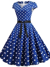 abordables Vestidos-Vestido de Años 50 con Lunares Vestido Retro Vintage de los 1950 Disfraces de Grease Vestido de Vacaciones Vestido de Campana Disfraz de Cosplay para Mujeres Vestido Diario Casual Máscara