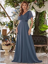 economico Abiti da sposa-Abito da sera A-Line Abito Impero Ospite di nozze Formale Serale Lunghezza sul pavimento Maniche corte Collo a V Abito da damigella Chiffon V retro con rouches a tinta unita 2025