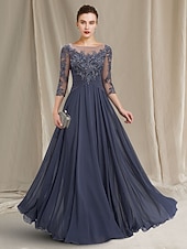 economico Lunghezza del pavimento-Linea ad A Lunghezza al pavimento Abito da invitata a nozze Abito Formale Abito da sera Abito da cerimonia per signora Manica 3/4 Collo gioiello Elegante Ricevimento di matrimonio Chiffon Pizzo con