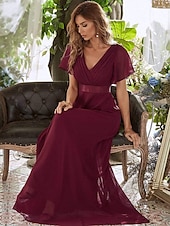 economico Abiti da sposa-Abito da sera A-Line Abito Impero Ospite di nozze Formale Serale Lunghezza sul pavimento Maniche corte Collo a V Abito da damigella Chiffon V retro con rouches a tinta unita 2025