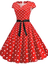 abordables Vestidos-Vestido de Años 50 con Lunares Vestido Retro Vintage de los 1950 Disfraces de Grease Vestido de Vacaciones Vestido de Campana Disfraz de Cosplay para Mujeres Vestido Diario Casual Máscara