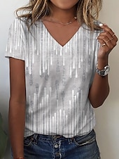 baratos Camiseta lisa-Mulheres Camiseta Listrado Básico Clássico Estampado Manga Curta Decote V Tops regulares Casual Feriado Final de semana Imprimir Branco Cinzento Verão Primavera