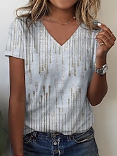 baratos Camiseta lisa-Mulheres Camiseta Listrado Básico Clássico Estampado Manga Curta Decote V Tops regulares Casual Feriado Final de semana Imprimir Branco Cinzento Verão Primavera