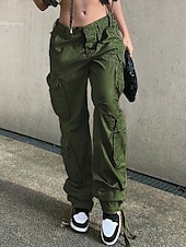 お買い得  女性のカーゴパンツ-女性用 標準 カーゴパンツ パンツ バギーパンツ ファッション カジュアル 全長 ミディアムウエスト 平織り メイラード バギー 履き心地よい マイクロエラスティック オフィス ブラック グリーン カーキ色 グレー 秋 レギュラー