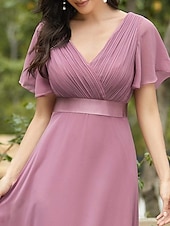 economico Abiti da sposa-Abito da sera A-Line Abito Impero Ospite di nozze Formale Serale Lunghezza sul pavimento Maniche corte Collo a V Abito da damigella Chiffon V retro con rouches a tinta unita 2025