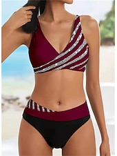 abordables Ensemble de bikinis-Femme Normal Maillots de Bain Bikinis 2 pièces Slip Brésilien Maillot de bain Dos Nu 2 Pièces Faire monter Sexy Imprimé Vacances mode A Ombre Feuille Col en V Sans Manches Maillots de bain