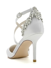 cheap Bride-Elegant Navy Blue Satin Heels for Brides – Crystal Decorated Strappy Wedding Shoes Perfect for Cocktail and Evening Parties