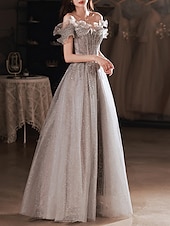 cheap Prom Dresses-A-Line Prom Dresses Sparkle &amp; Shine Dress Wedding Guest Prom Floor Length Short Sleeve Off Shoulder  with Sequin Ruffles  dress to impress 2025