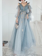 cheap Prom Dresses-A-Line Sparkle &amp; Shine Puffy Prom Formal Evening Dress V Neck Long Sleeve Floor Length  with Sequin Butterfly  dress to impress 2025