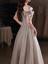 cheap Prom Dresses-A-Line Prom Dresses Sparkle &amp; Shine Dress Wedding Guest Prom Floor Length Short Sleeve Off Shoulder  with Sequin Ruffles  dress to impress 2025