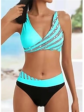 abordables Ensemble de bikinis-Femme Normal Maillots de Bain Bikinis 2 pièces Slip Brésilien Maillot de bain Dos Nu 2 Pièces Faire monter Sexy Imprimé Vacances mode A Ombre Feuille Col en V Sans Manches Maillots de bain