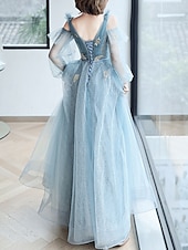 cheap Prom Dresses-A-Line Sparkle &amp; Shine Puffy Prom Formal Evening Dress V Neck Long Sleeve Floor Length  with Sequin Butterfly  dress to impress 2025