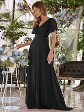 economico Abiti da sposa-Abito da sera A-Line Abito Impero Ospite di nozze Formale Serale Lunghezza sul pavimento Maniche corte Collo a V Abito da damigella Chiffon V retro con rouches a tinta unita 2025