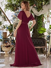 economico Abiti da sposa-Abito da sera A-Line Abito Impero Ospite di nozze Formale Serale Lunghezza sul pavimento Maniche corte Collo a V Abito da damigella Chiffon V retro con rouches a tinta unita 2025