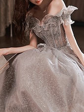 cheap Prom Dresses-A-Line Prom Dresses Sparkle &amp; Shine Dress Wedding Guest Prom Floor Length Short Sleeve Off Shoulder  with Sequin Ruffles  dress to impress 2025
