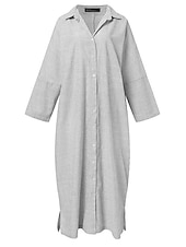 cheap Print Cotton &amp; Linen Dresses-Women&#039;s Black White Light Green Summer Spring Fall Maxi Dress Cotton Linen Dresses Casual Dress Shift Dress Basic Casual Outdoor Winter Dress Vacation Loose Fit Striped Shirt Collar