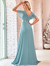 economico Abiti da sposa-Abito da sera A-Line Abito Impero Ospite di nozze Formale Serale Lunghezza sul pavimento Maniche corte Collo a V Abito da damigella Chiffon V retro con rouches a tinta unita 2025