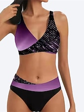 abordables Ensemble de bikinis-Femme Normal Maillots de Bain Bikinis 2 pièces Slip Brésilien Maillot de bain Dos Nu 2 Pièces Faire monter Sexy Imprimé Vacances mode A Ombre Feuille Col en V Sans Manches Maillots de bain