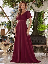 economico Abiti da sposa-Abito da sera A-Line Abito Impero Ospite di nozze Formale Serale Lunghezza sul pavimento Maniche corte Collo a V Abito da damigella Chiffon V retro con rouches a tinta unita 2025