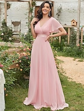 economico Abiti da sposa-Abito da sera A-Line Abito Impero Ospite di nozze Formale Serale Lunghezza sul pavimento Maniche corte Collo a V Abito da damigella Chiffon V retro con rouches a tinta unita 2025