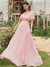 economico Abiti da sposa-Abito da sera A-Line Abito Impero Ospite di nozze Formale Serale Lunghezza sul pavimento Maniche corte Collo a V Abito da damigella Chiffon V retro con rouches a tinta unita 2025