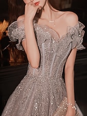 cheap Prom Dresses-A-Line Prom Dresses Sparkle &amp; Shine Dress Wedding Guest Prom Floor Length Short Sleeve Off Shoulder  with Sequin Ruffles  dress to impress 2025