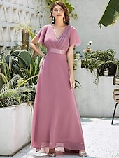 economico Abiti da sposa-Abito da sera A-Line Abito Impero Ospite di nozze Formale Serale Lunghezza sul pavimento Maniche corte Collo a V Abito da damigella Chiffon V retro con rouches a tinta unita 2025
