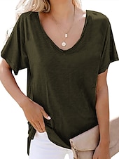 abordables T-shirt uni-Femme T shirt Plein Plage Manche Courte Col V Hauts réguliers Casual Noir Blanche Vert Véronèse bleu marine Gris Clair