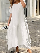 abordables concevoir des robes en coton et lin-Femmes Noir Blanche Jaune Été Printemps Robe maxi Robe Blanche Robes en coton et lin Robe d&#039;été en coton Occasionnel Vacances Quotidien Sortir Coupe Ample Couleur Unie Col ras du cou