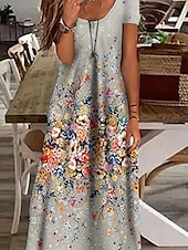 olcso Művészet és Design Ruha-Női Maxi Ruha Hétköznapi Ruha Shift Ruha Elegáns Üdülés Hétköznapi Kültéri Napi Rendszeres Illeszkedés Virágos Rövid Ujjú V Nyakú Zöld Szürke Nyári Tavaszi