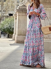 billiga Bohemklänningar-Dam Maxiklänning Vardagsklänning Boho Chic klänningar Långärmad Boho klänning Boho-klänning Elegant bohemliv Stylish Vinterklänning Semester Dagligen Normal Blommig Långärmad V-hals Rodnande Rosa Grön