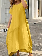 abordables concevoir des robes en coton et lin-Femmes Noir Blanche Jaune Été Printemps Robe maxi Robe Blanche Robes en coton et lin Robe d&#039;été en coton Occasionnel Vacances Quotidien Sortir Coupe Ample Couleur Unie Col ras du cou