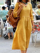 abordables concevoir des robes en coton et lin-Femmes Jaune Rose Claire Rouge Été Printemps Robe Maxi Robe maxi Robes inspirées du lin Robe Décontractée Robe évasée Basique Occasionnel Vacances Quotidien Fête Coupe régulière Couleur Unie Col en V