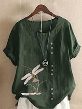  Camicia da donna 100% Cotone Camicia Blusa Stampa a bottoni Weekend Streetwear Di base Casual Simile lino Manica corta Collo tondo Bianco Estate Primavera