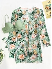 abordables Ensemble bikini 3 pièces-Femme Normal Maillots de Bain Bikinis Trois pièces Slip Brésilien Maillot de bain 2 Pièces Dos ouvert Sexy Imprimé Vacances Mode Feuilles Col en V manche longue Maillots de bain
