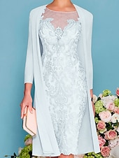 preiswerte Mit Jacke-zweiteiliges Etuikleid in Champagner für die Strandhochzeit, Mutter der Braut, elegantes Hochzeitsgastkleid mit Rundhalsausschnitt, knielang, Chiffonspitze, 3/4-Ärmel, Wickelkleid inklusive Jacke,