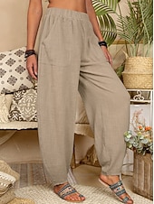 abordables Bas-Femmes Pantalon d'été 100% Coton Pantalons Amples Pantalon sarouel Confort Longueur cheville Naturel Couleur Unie Avec Poches Taille Élastique Décontracté Kaki Noir Blanche Vert Véronèse Ét