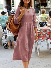 abordables concevoir des robes en coton et lin-Femmes Jaune Rose Claire Rouge Été Printemps Robe Maxi Robe maxi Robes inspirées du lin Robe Décontractée Robe évasée Basique Occasionnel Vacances Quotidien Fête Coupe régulière Couleur Unie Col en V