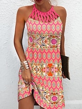 ieftine Rochii Boho-Pentru femei Rochie Mini Rochie casual Rochie etnică Rochie Boho Rochie cu decolteu Modă Stilat Modern Vacanță Zilnic Dată Fit regulat Geometric Imprimeu Fără manșon Gâtul halter Roz Îmbujorat Var