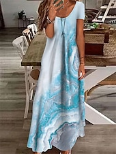 billiga Konst &amp; Design Klänning-Kvinnors Maxi Klänning Avslappnad Klänning Shift Klänning Elegant Semester Avslappnad Utomhus Semester Dagligt Regular Fit Färggradient Marmor Kort Ärmd V-hals Blå Ljusblå Sommar Vår