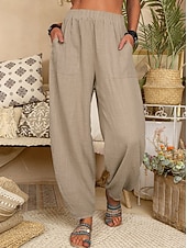 abordables Bas-Femmes Pantalon d'été 100% Coton Pantalons Amples Pantalon sarouel Confort Longueur cheville Naturel Couleur Unie Avec Poches Taille Élastique Décontracté Kaki Noir Blanche Vert Véronèse Ét