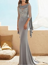 abordables Largo del piso-Vestido ajustado Madre de la novia Invitada de boda Elegante talla grande Cuello joya Largo hasta el suelo Chifón Encaje Media manga con apliques y fruncidos talla personalizada gratis