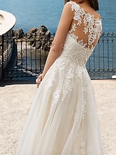 preiswerte lässige Brautkleider-Strand Offene Rücken Hochzeitskleider A-Linie V-Ausschnitt Ärmellos Schleppe Spitzenbrautkleider mit Applikationen 2025