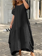 abordables concevoir des robes en coton et lin-Femmes Noir Blanche Jaune Été Printemps Robe maxi Robe Blanche Robes en coton et lin Robe d&#039;été en coton Occasionnel Vacances Quotidien Sortir Coupe Ample Couleur Unie Col ras du cou