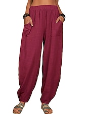 abordables Bas-Femmes Pantalon d'été 100% Coton Pantalons Amples Pantalon sarouel Confort Longueur cheville Naturel Couleur Unie Avec Poches Taille Élastique Décontracté Kaki Noir Blanche Vert Véronèse Ét